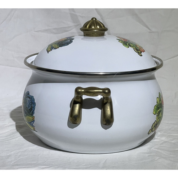 Vintage Garden Harvest Enamel Stockpot with Lid Brass Handles 7 Inch Grannycore - Picture 4 of 9